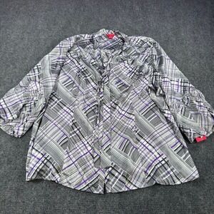 Sunny Leigh Woman 100% Silk Plaid Tie Neck Blouse Purple Grey 3X WS142281
